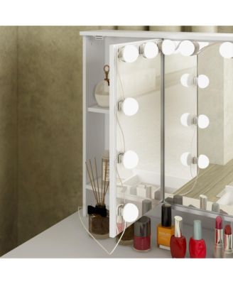  Modern Makeup Vanity Desk 9 Drawers Wood Dressing Table With 3 Mirrors, Hidden Storage Shelves, LED Bulb Lights
