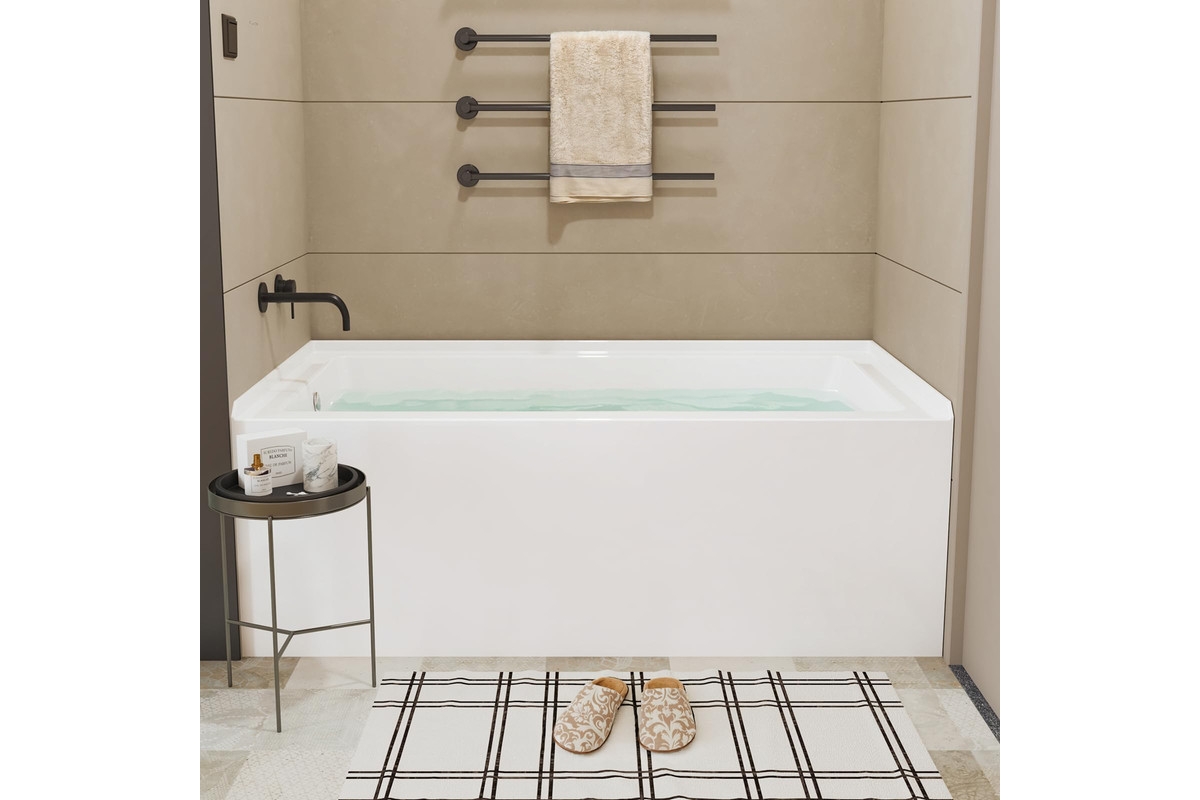 60 Inch Acrylic Rectangular Alcove Soaking Bathtub, Rectangle 60-Inch x 32-Inch Alcove Bath with Integral Apron, Integral Flange and Left Hand