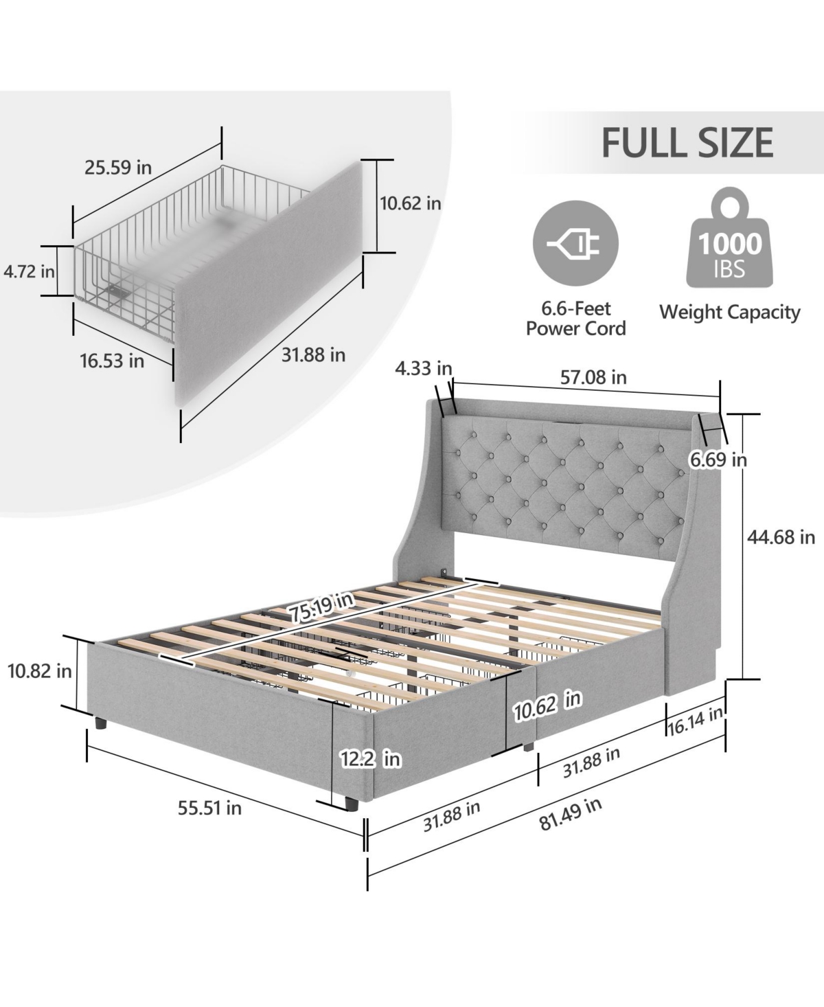 gaomon Upholstered Platform Bed With Storage Headboard, Charging Station, And 4 Drawers - Wood Slat Support, Easy Assembly - No Box Spring Needed - Gr