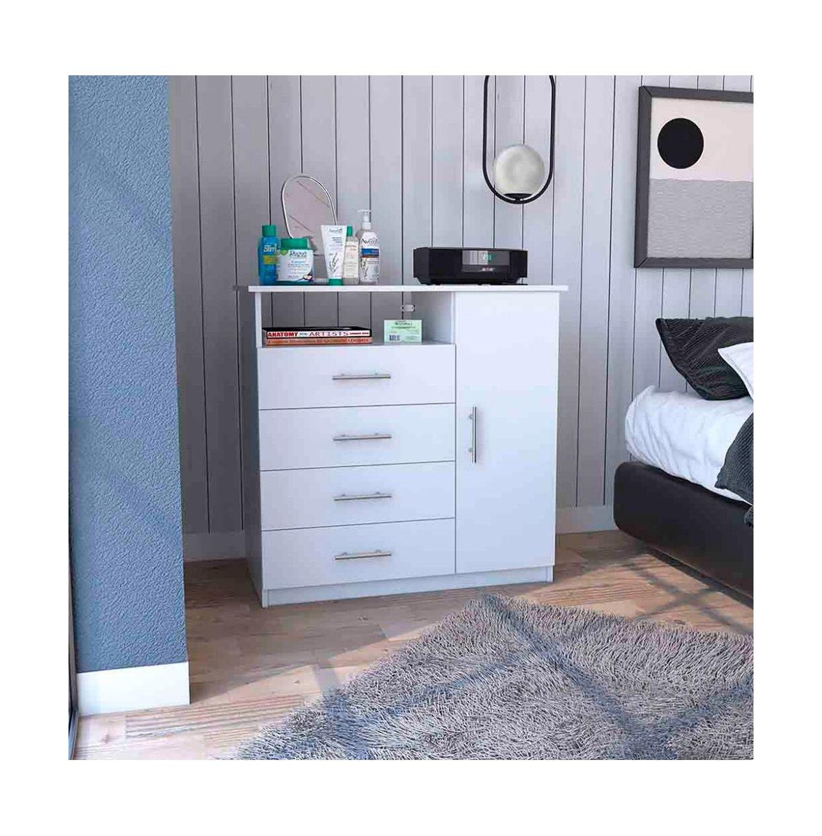 Depot E-Shop Rioja 4 Drawer Dresser, One Open Shelf, Superior Top, Single Door Cabinet, Black
