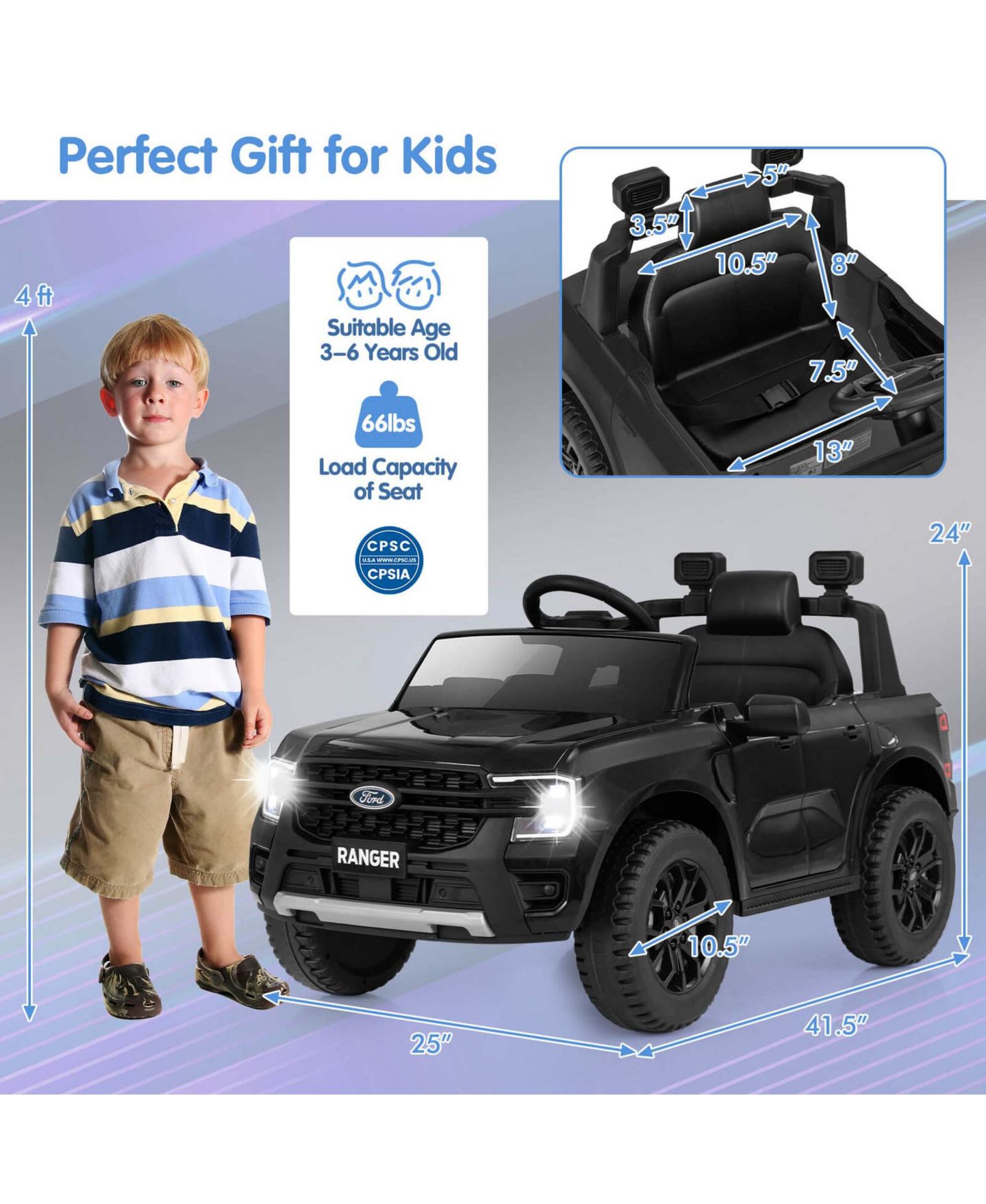 Детская игрушка Costway 12V Licensed Ford Ranger Remote Control Ride-On Car, 66 lbs Capacity, Ages 3-6, цвет: Чёрный — фото 7