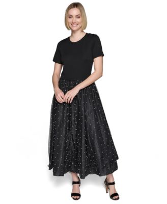 karl lagerfeld fit and flare dress Karl Lagerfeld Paris Women's Floral Border Linen Puff-Sleeve Dress - Soft White Multi