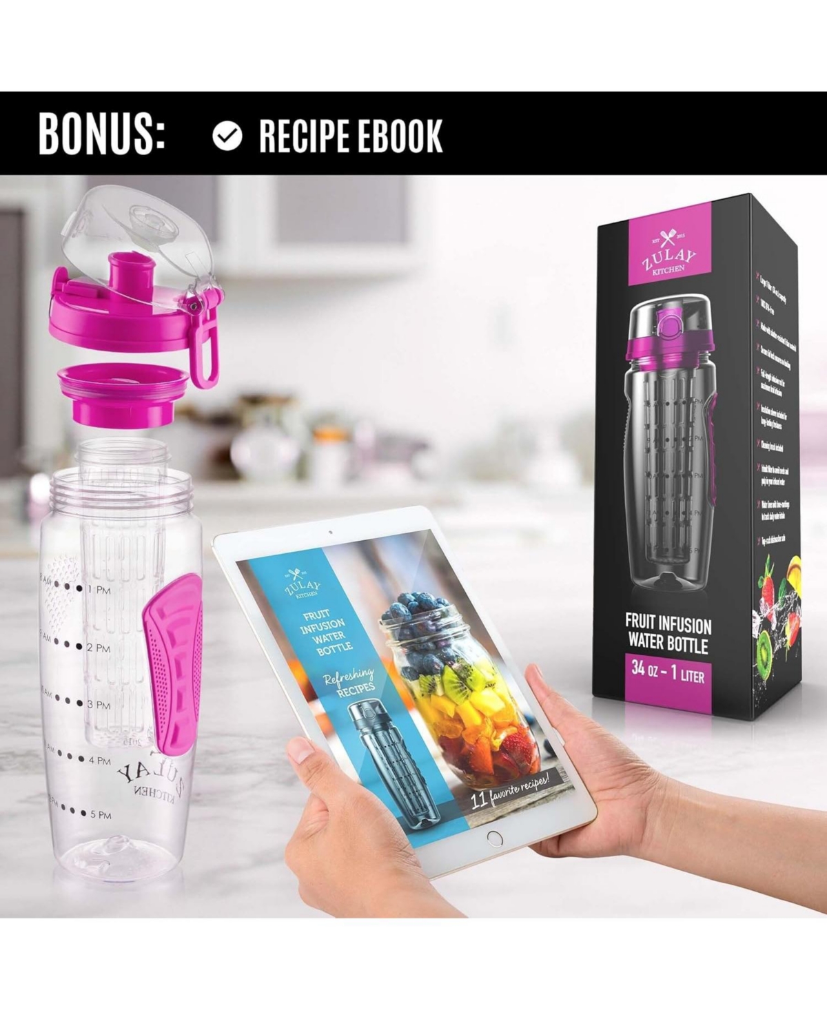 Zulay Kitchen Leakproof Fruit Infuser Water Bottle with Anti-Slip Grip Large, 34 oz