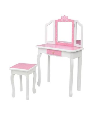 Children's Wooden Dressing Table with Three-Sided Folding Mirror, Chair, and Single Drawer in Blue Snowflake Style