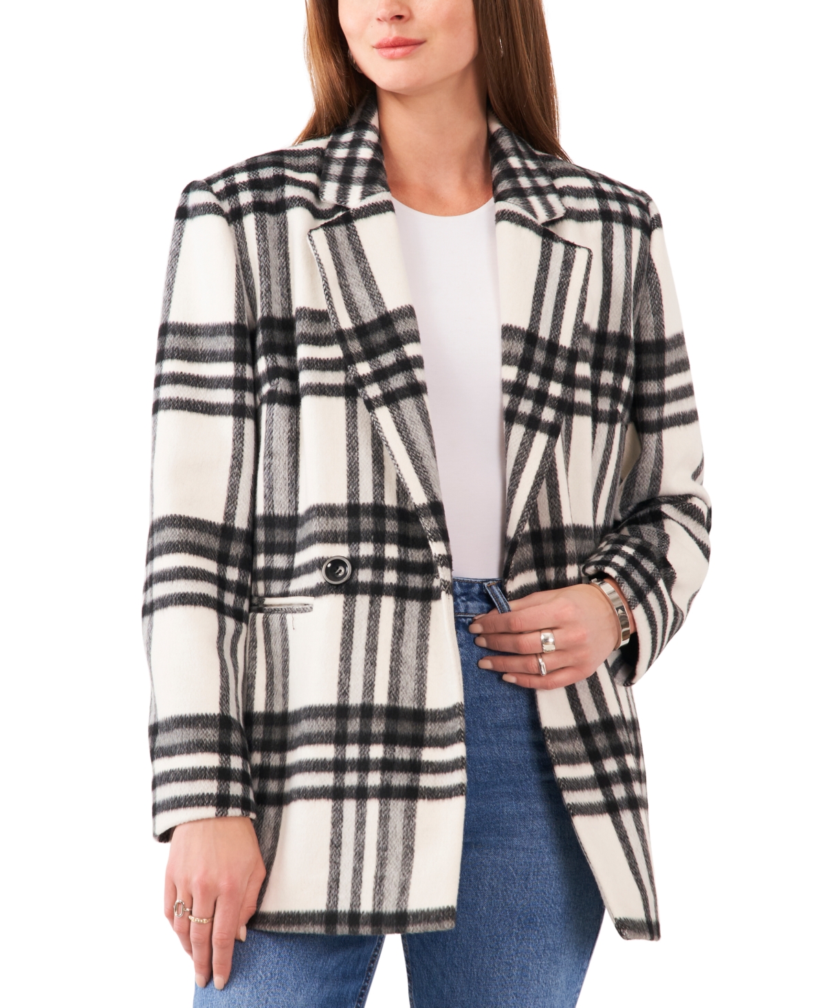 Women's Plaid Double-Breasted Blazer - New Ivory