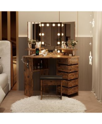 corner vanity desk with lights & power outlet, wood, dressing table