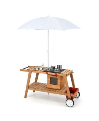 Wooden Play Cart for Toddlers Over 3 Years Old with Sun Proof Umbrella