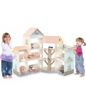 Wooden Corner Dollhouse Playset with 41 Pieces Accessories for Kids 3+ Years Old