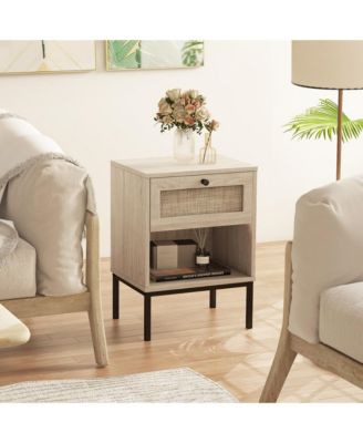 2PCS Rattan Nightstand Boho End Table w/ Drawer & Open Shelf for Living Room Oak