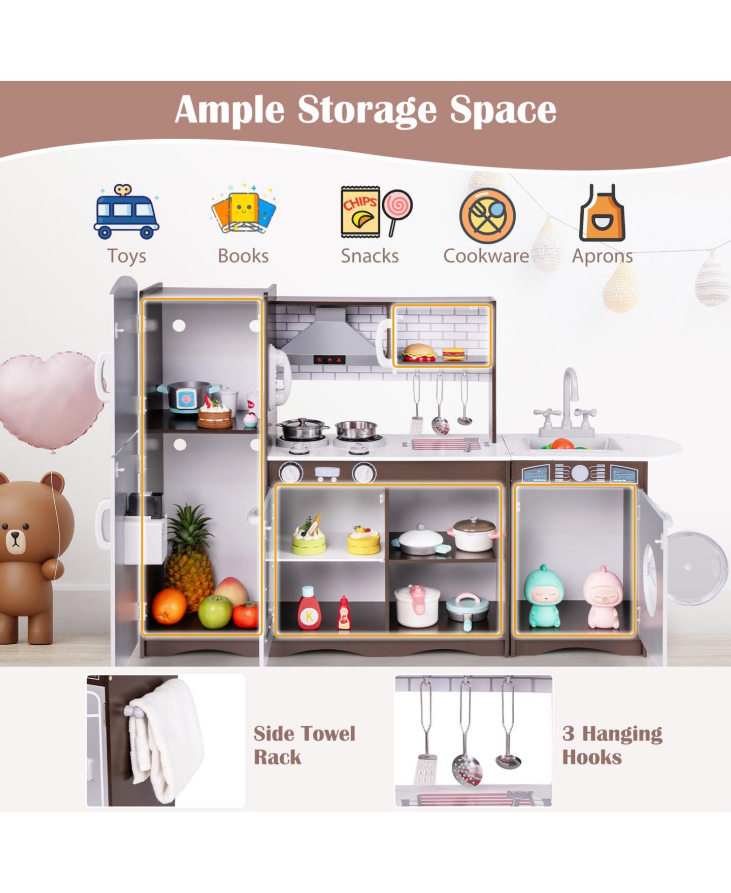 Детские игрушки HONGGE Corner Kids Play Kitchen Set with Lights, Sounds and Storage, Ages 3+ — фото 11