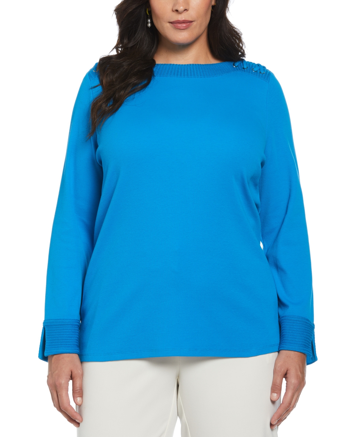 Rafaella Plus Size Laced Boatneck Long Sleeve Top