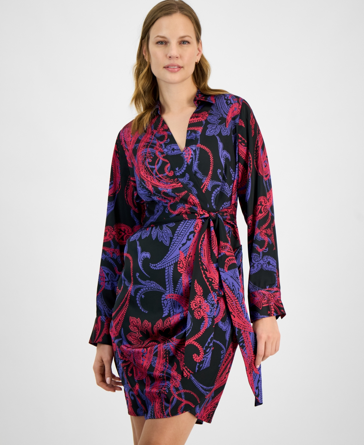 Shop Tahari Asl Women's Printed Faux-wrap Dress In Black Cobalt