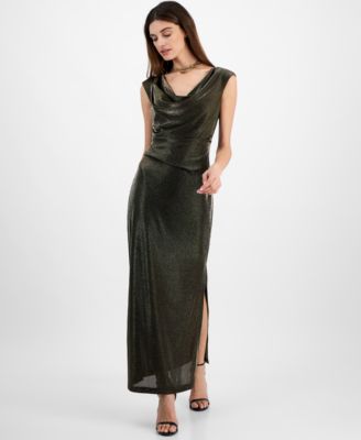 Petite Cowlneck Metallic-Threaded Evening Gown
