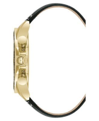 Men's Modern Black Faux Leather and Gold-Tone Alloy Metal Watch, 45mm