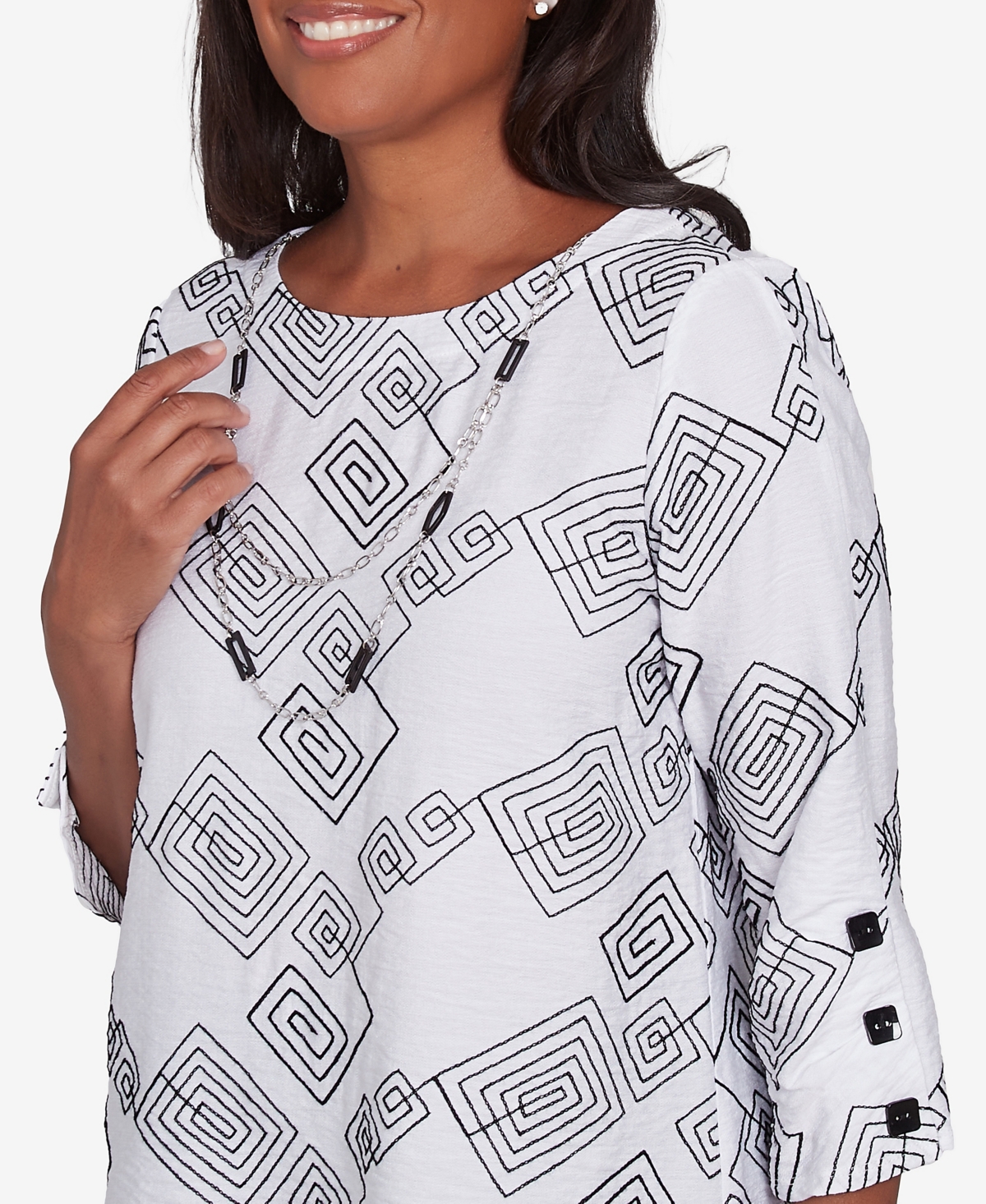 Alfred Dunner Women's Wild at Heart Geometric Woven Top with Necklace -White