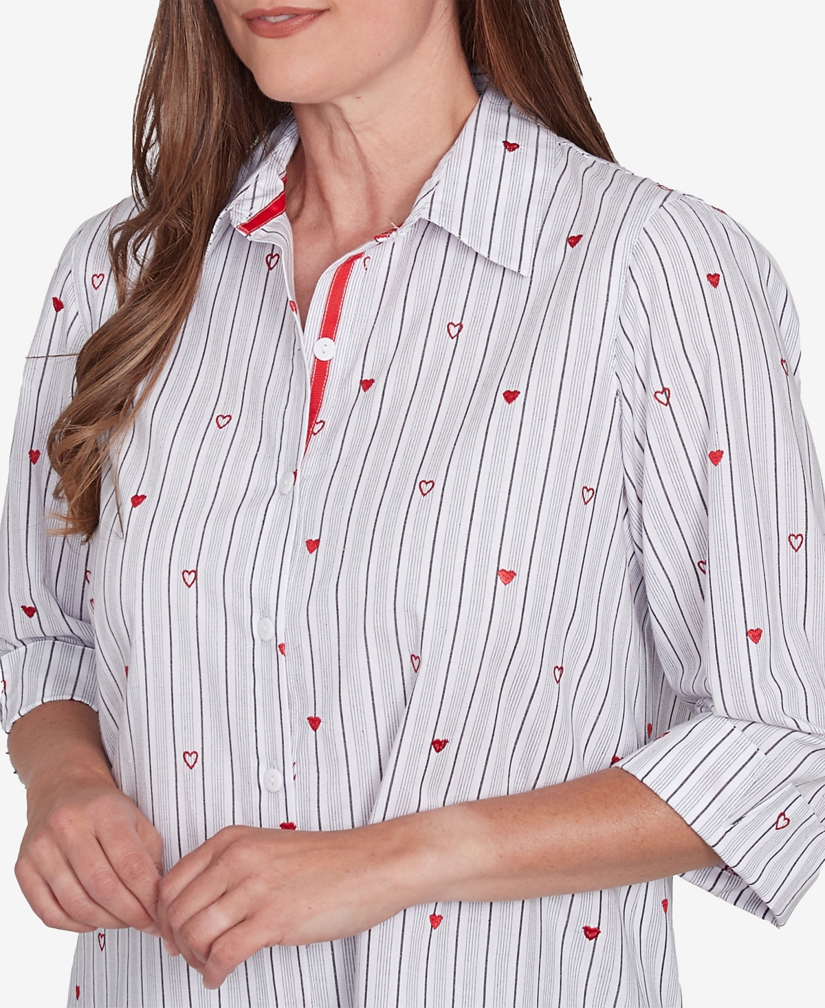 Alfred Dunner Women's Wild at Heart Woven Button Down Top with Stripes Hearts