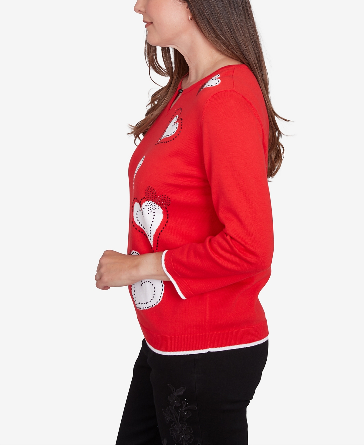 Alfred Dunner Women's Wild at Heart Stitched Hearts Beaded Neckline Sweater