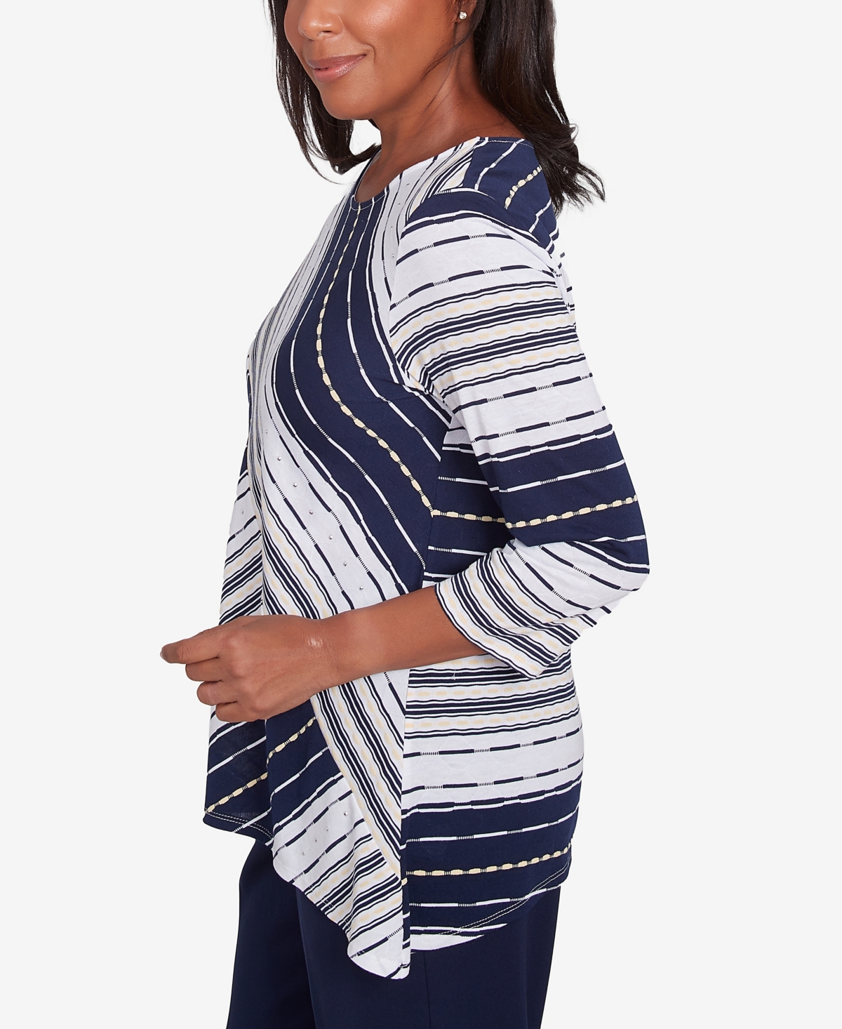 Alfred Dunner Plus Size Block Island Spliced Stripe Crew Neck Textured Top In Navy Multi