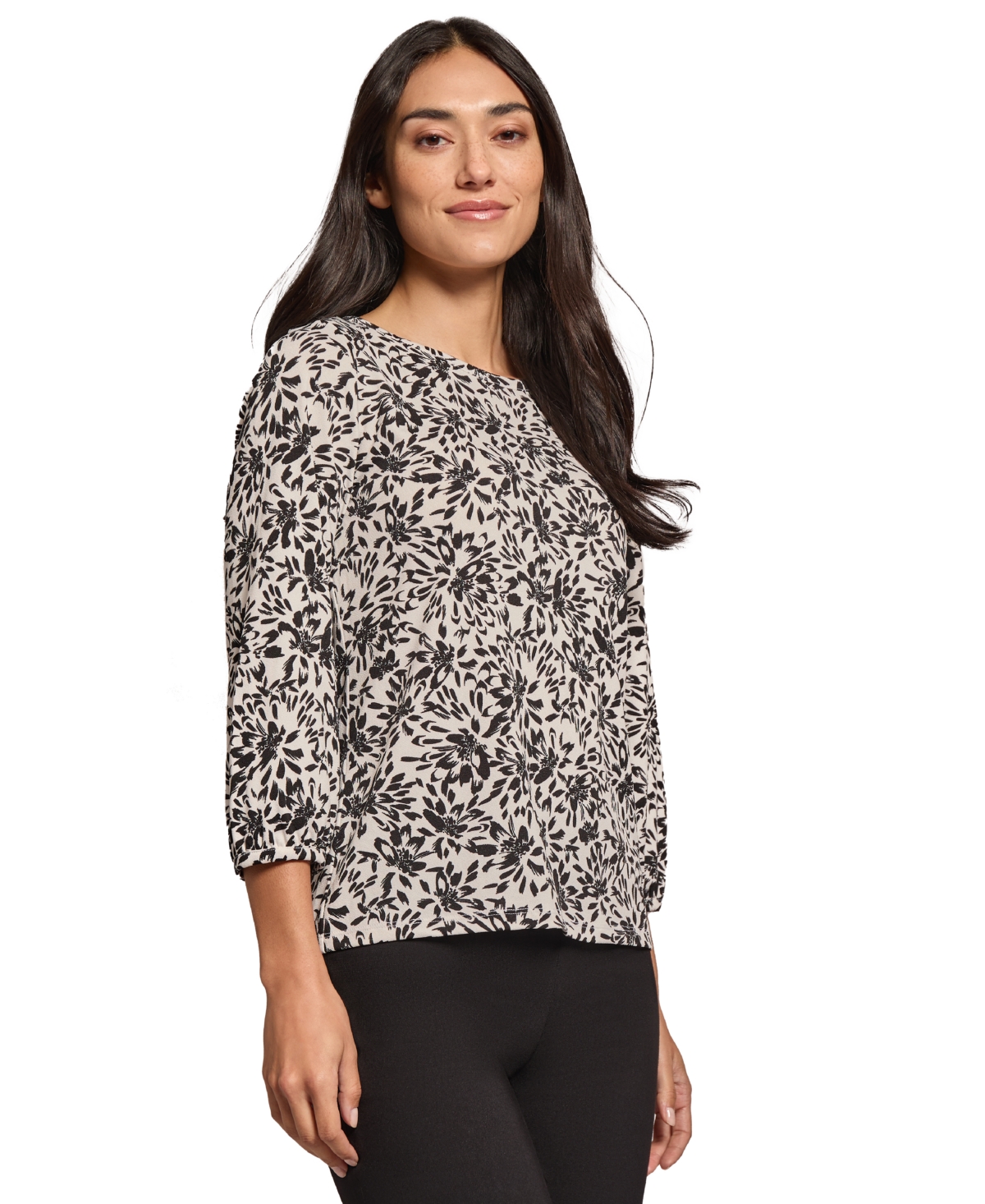 Jones New York Women's Floral-Print 3/4-Sleeve Top -Jones Black