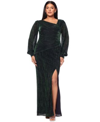 Betsy & Adam - Plus Size Metallic Asymmetric Long-Sleeve Gown