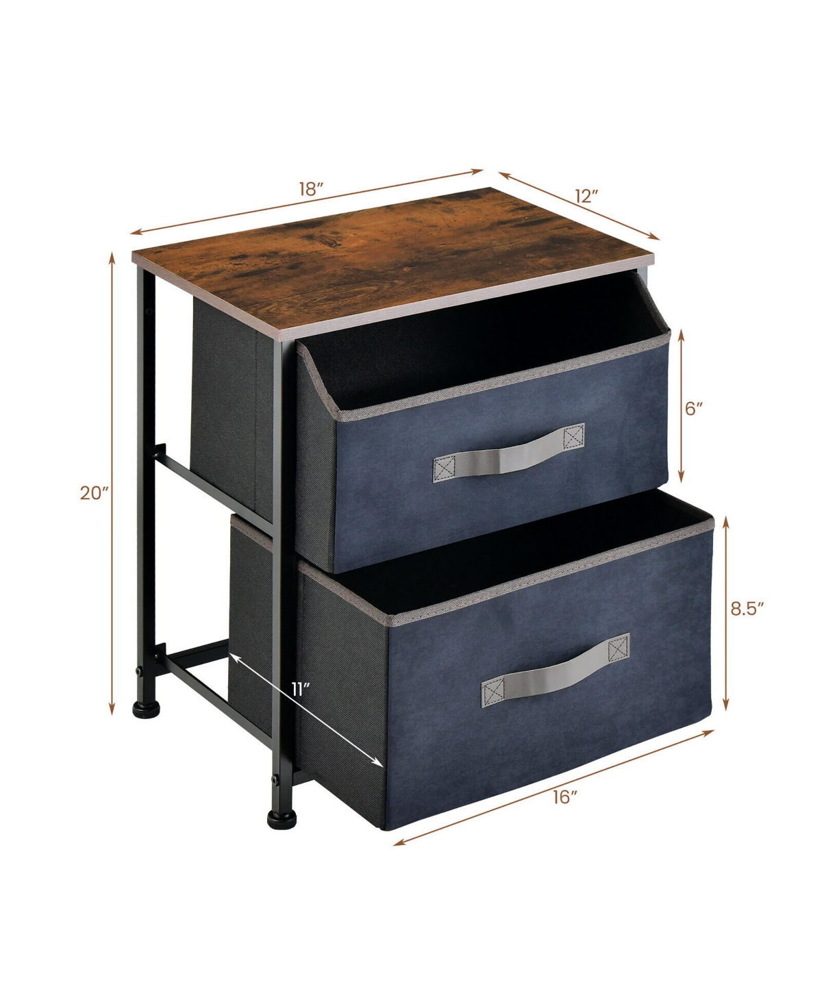 Gymax 2PCS Nightstand End Side Table Dresser w/ 2 Pull-out Fabric Drawers for Bedroom - Rustic brown+navy+black