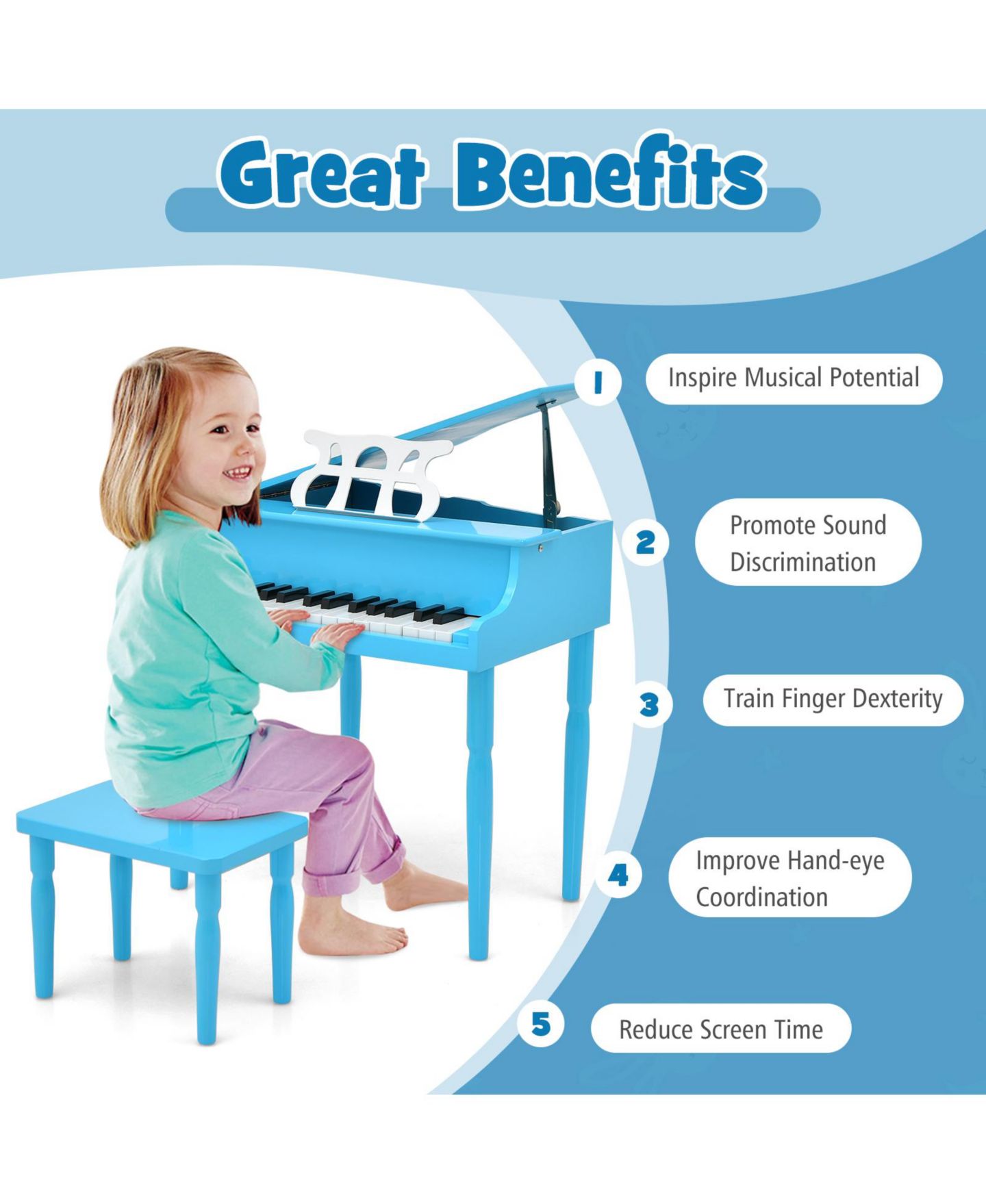 Детские игрушки HONGGE 30-Key Wooden Grand Piano with Bench and Music Rack, 3-Piece Set, Ages 3+ — фото 8