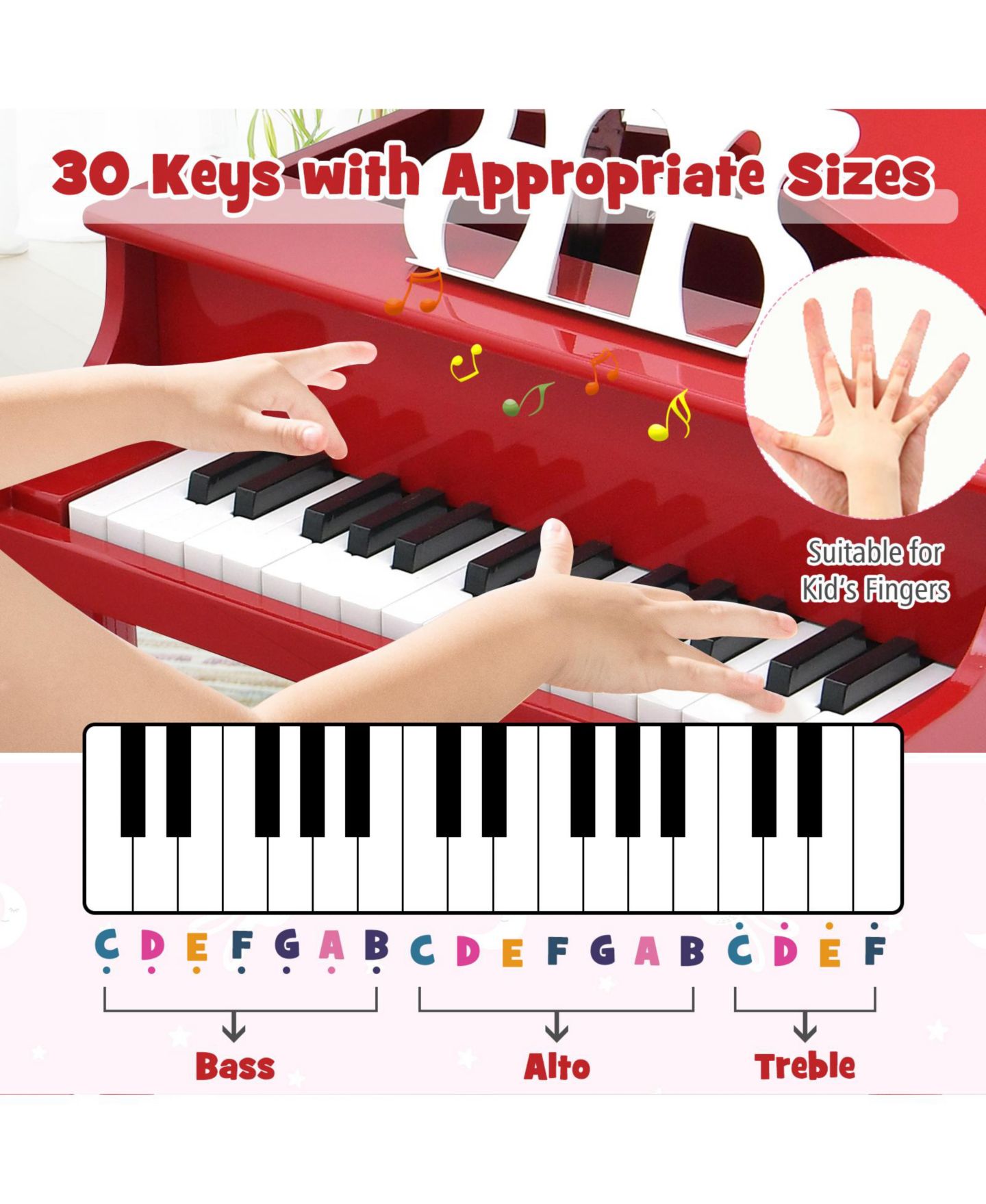 Детские игрушки HONGGE 30-Key Wood Toy Grand Piano, Music Practice, 3-Piece Grand Piano, Bench and Music Rack Set, Ages 3+ — фото 6