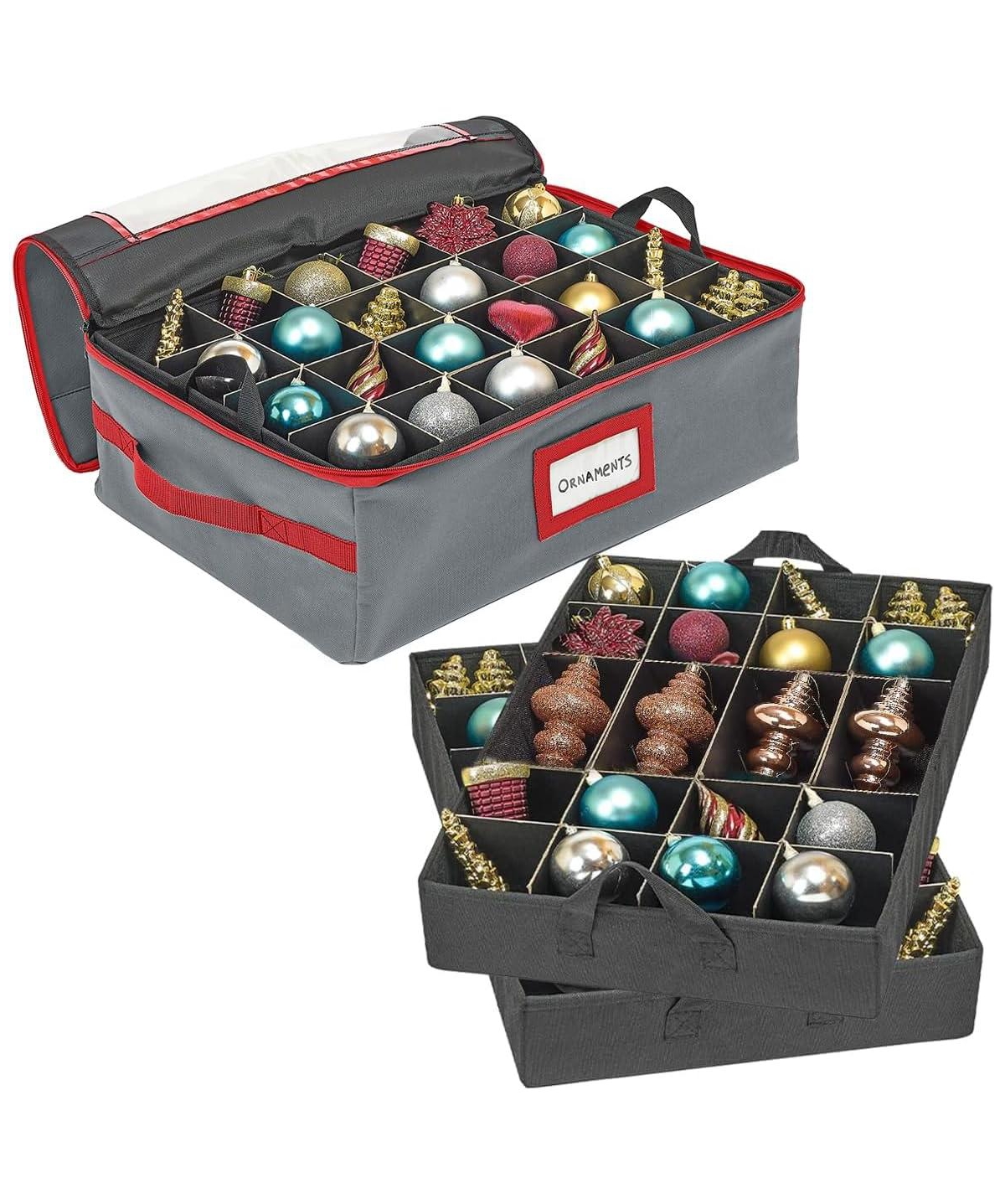 Under bed Christmas Ornament Storage Box with Dividers, 2 Individual Removable Trays Fits Up to 48-3&#x201D; - Charcoal