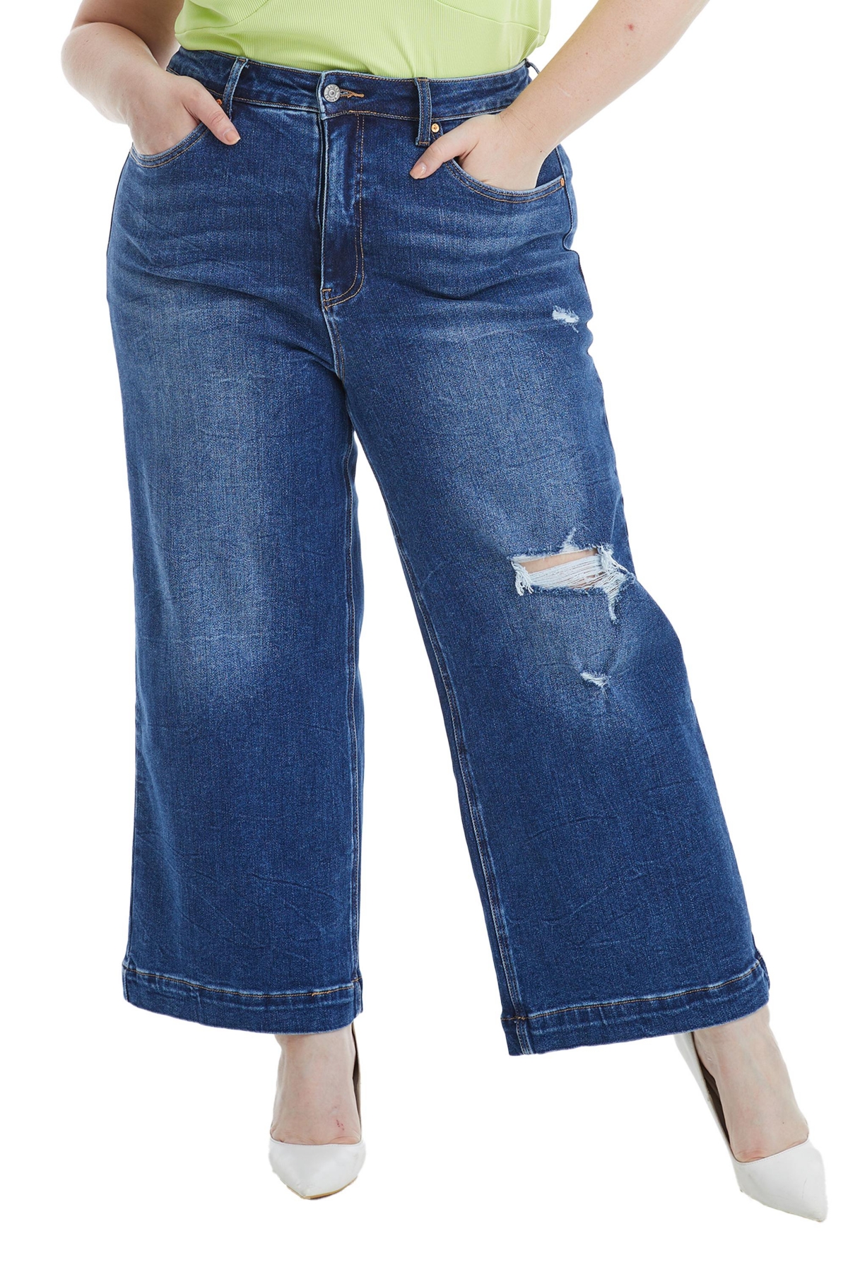 Bayeas Plus Size Mid Rise Wide Leg Crop Flare Jeans In Dark Blue