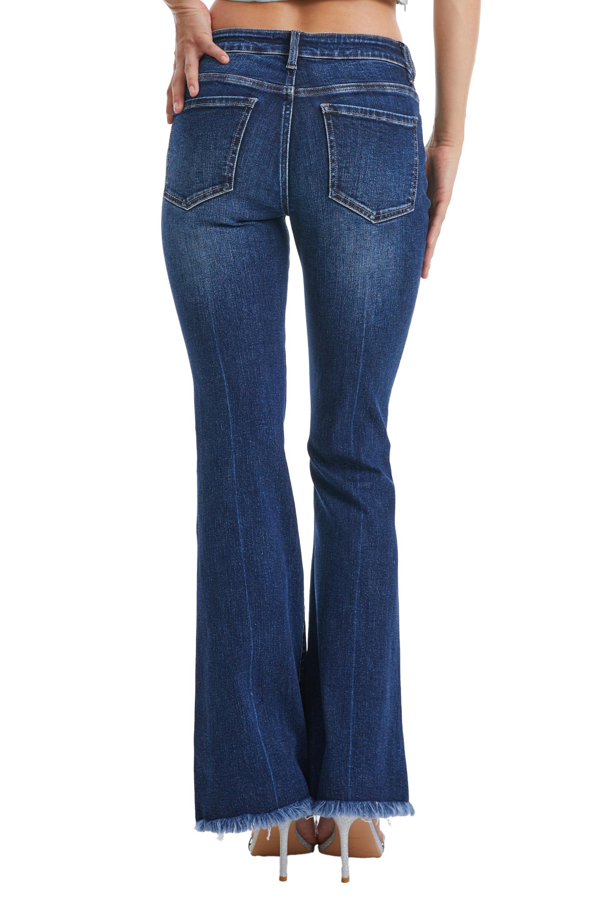 BAYEAS WOMEN'S HIGH RISE FLARE JEANS WITH FRAYED HEM 