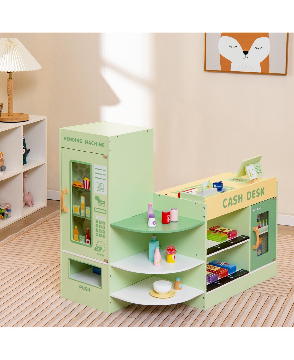 Hongge Kids Wooden Supermarket Play Toy Set with Checkout Counter- Green