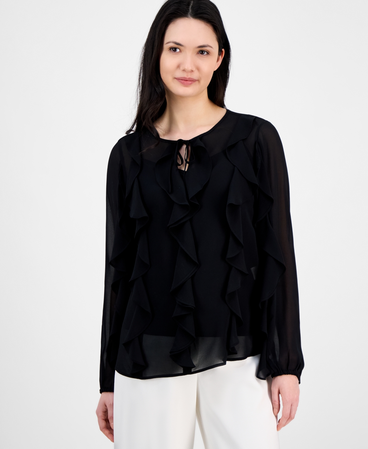 Women's Ruffled Tie-Neck Blouson-Sleeve Top - Anne Black