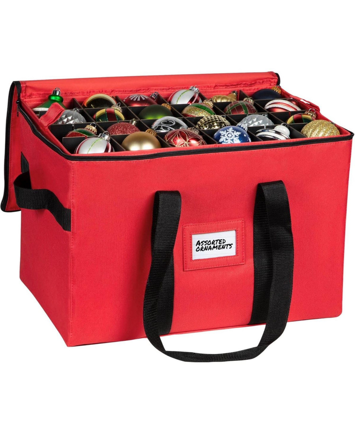 Christmas Storage Box with Adjustable Dividers and 4 Trays - Stores Up to 96 - 3" Ornaments - Red