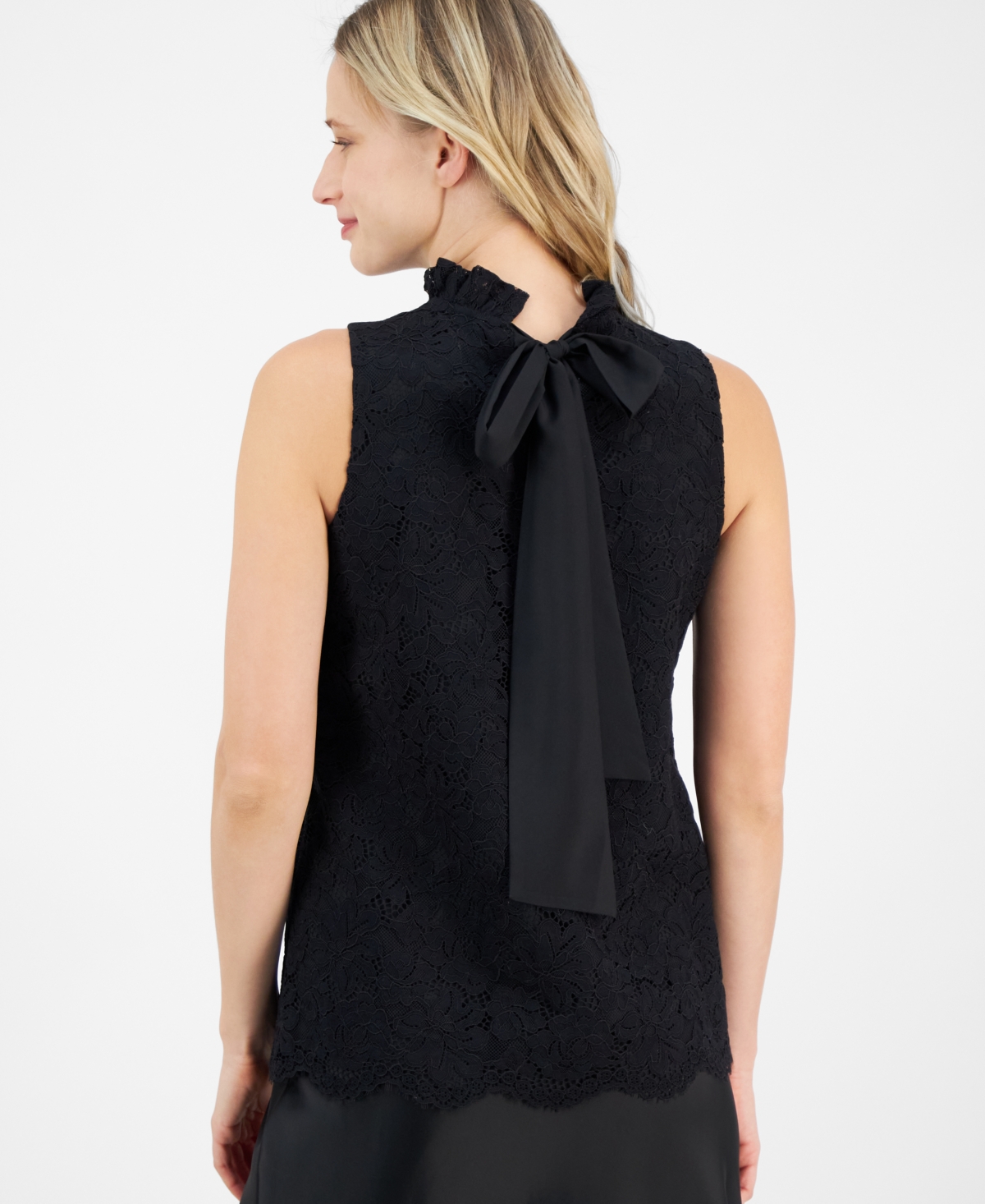 Anne Klein Women's Bow-back Ruffled-neck Sleeveless Lace Blouse In Anne Black