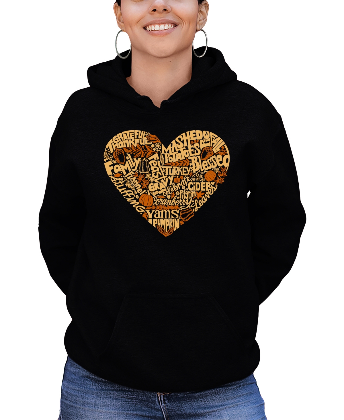 LA POP ART WOMEN'S THANKSGIVING HEART WORD ART HOODED SWEATSHIRT 