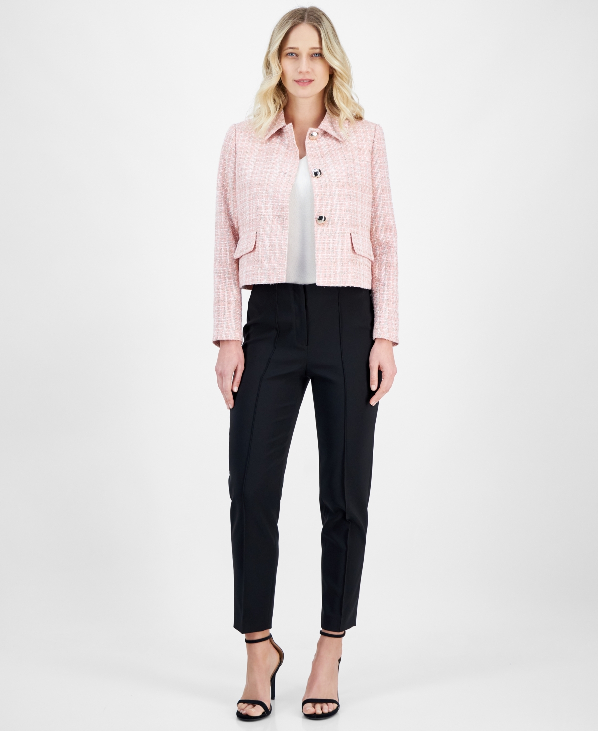 Anne Klein Women's Cropped Button-front Collared Jacket In Peony Pink Multi