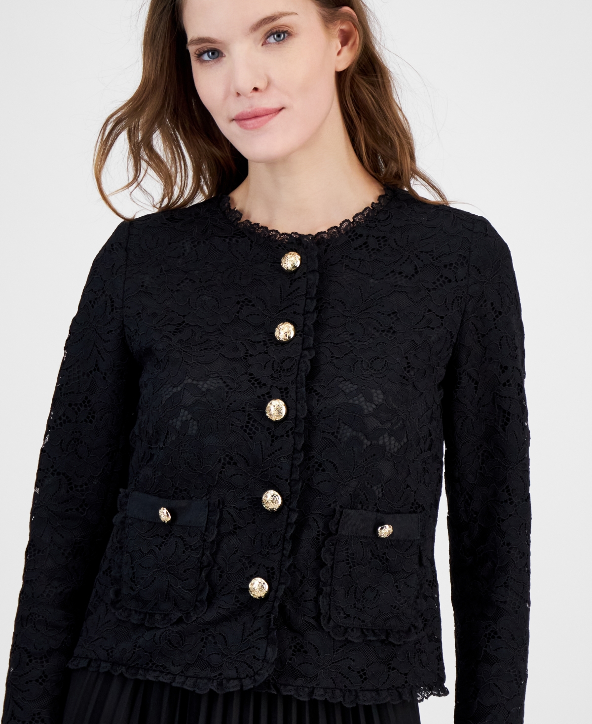 Shop Anne Klein Women's Lace Button-front Patch-pocket Jacket In Anne Black