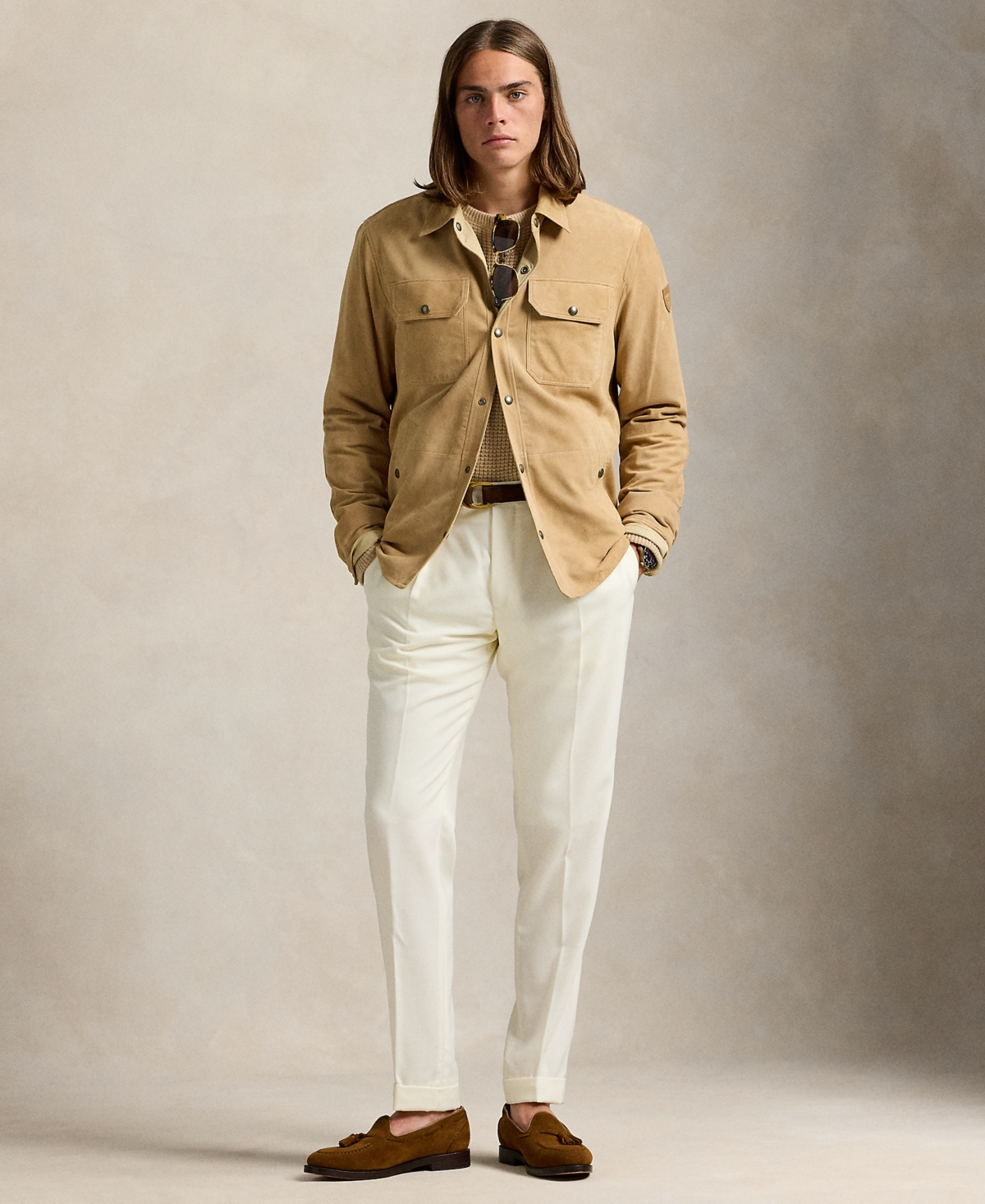 Polo Ralph Lauren Ralph Lauren Reversible Suede-taffeta Shirt Jacket In Vintage Khaki,dune Tan