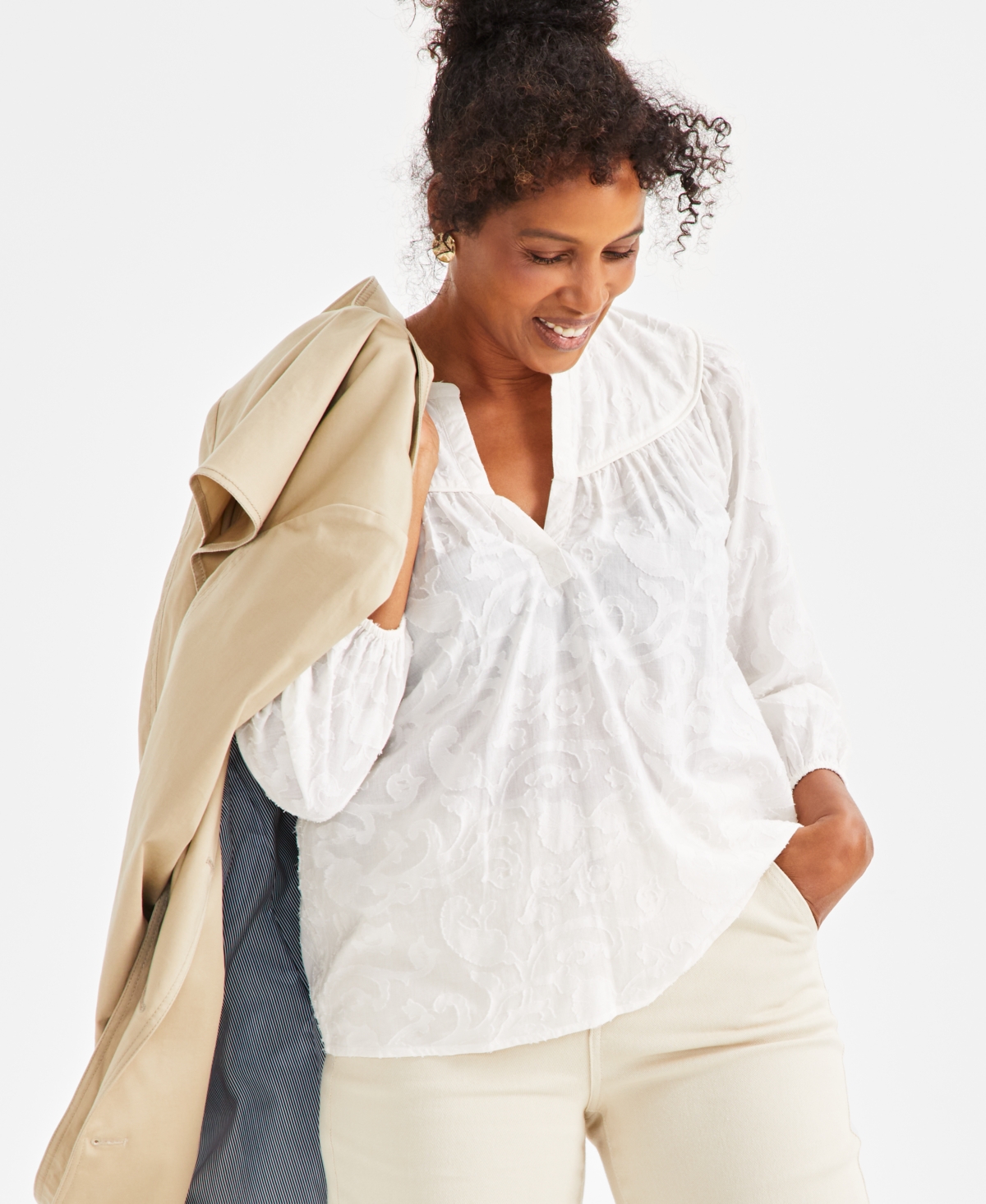Women's Textured Cotton Split-Neck Shirt, Exclusively at Macy's - Shiitake