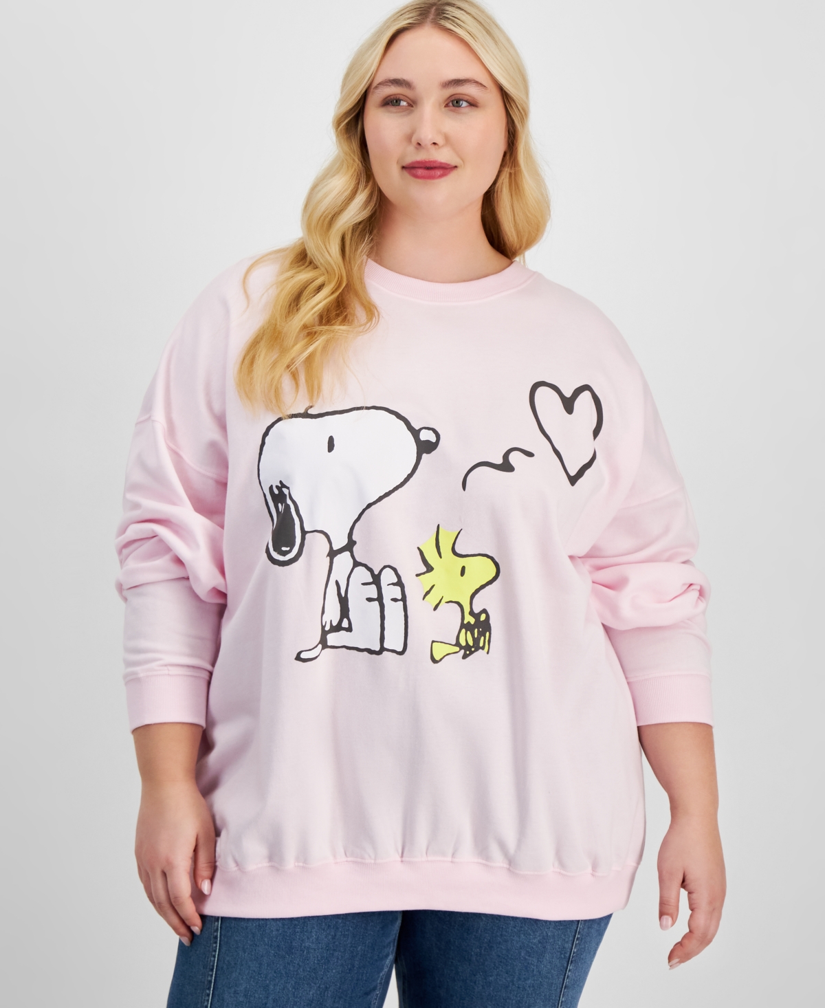 Trendy Plus Size Dropped-Shoulder Snoopy Balloon Sweatshirt - Pink