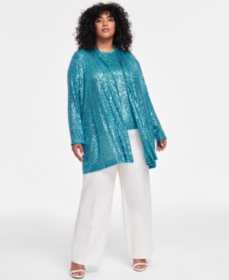 Plus Size Sequin Open Front Cardigan Sequin Mesh Trim Short Sleeve Top Compression Pull On Wide Leg Trousers