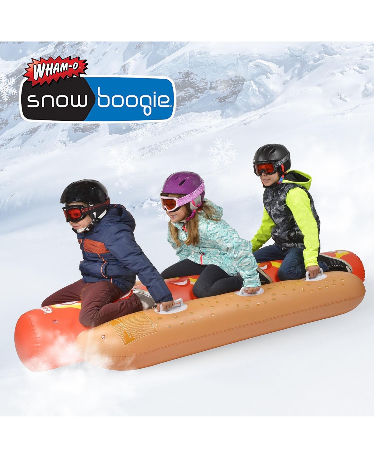 Wham-o Snowboogie Hot Dog Snow Tube, 3-Person Inflatable Snow Tube with Reinforced Handles, Durable Pvc Vinyl Snow Tube for Winter Snow Sledding S
