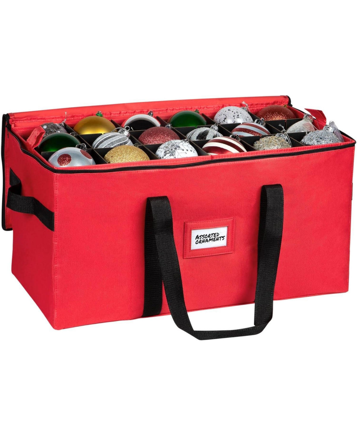 Christmas Storage Box with Adjustable Dividers and 3 Trays - Stores Up to 54 - 3" Ornaments - Red