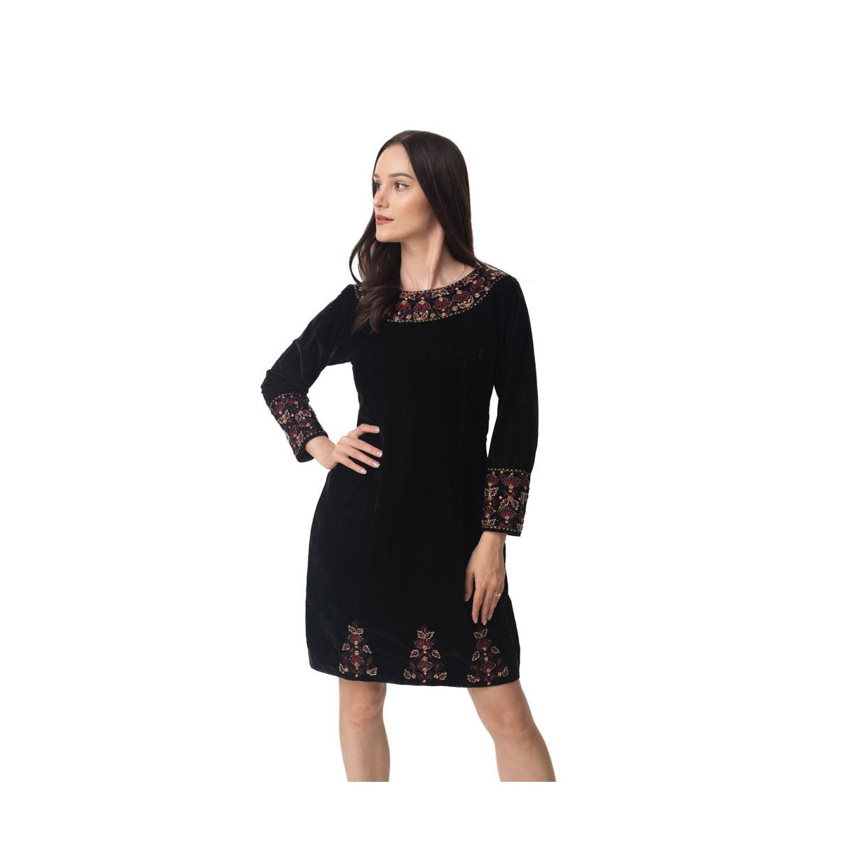 Women's Velvet Dress with Hand Embroidery - Black