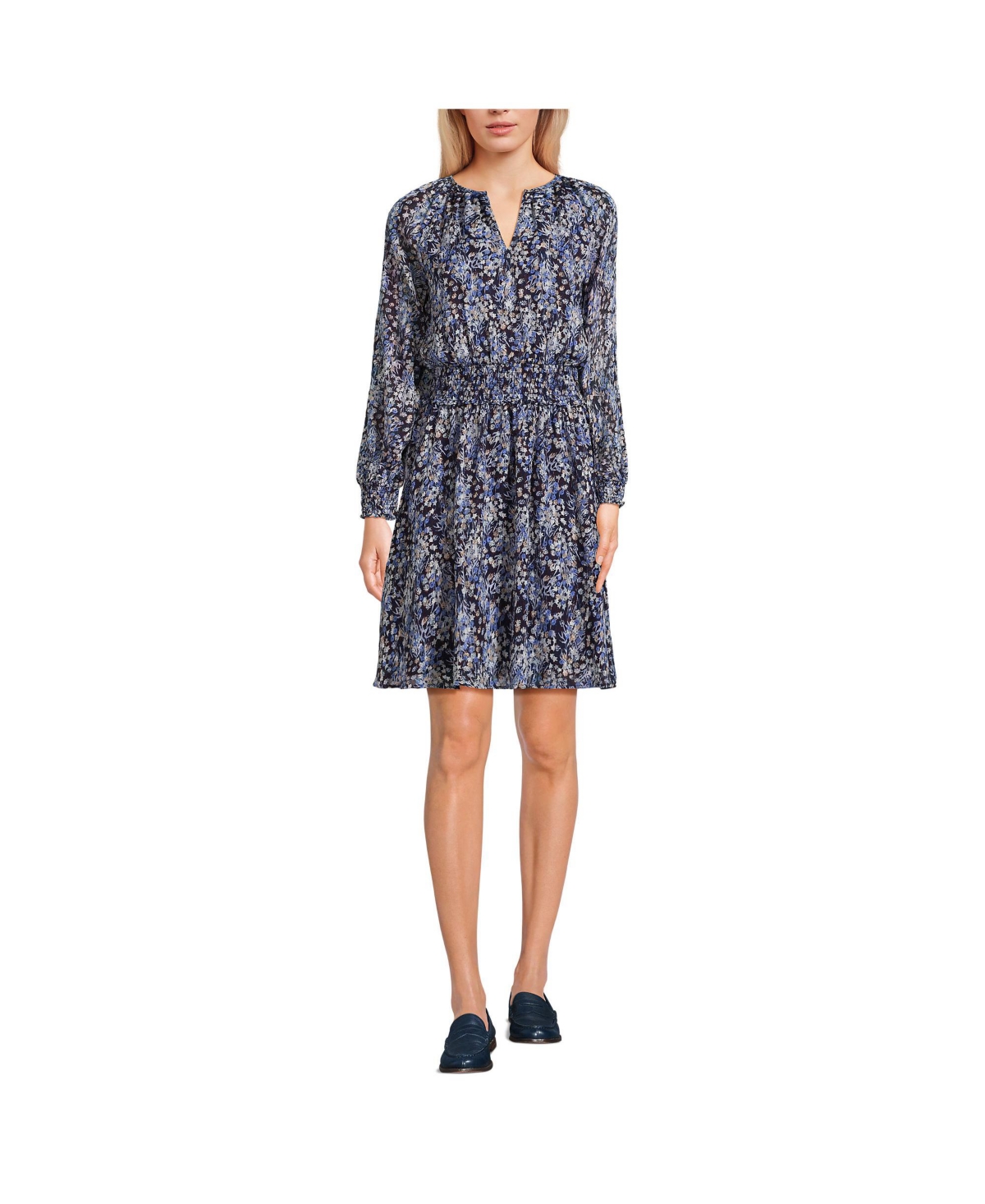 Lands' End Women's Chiffon Clip Dot Dress -cornflower star floral