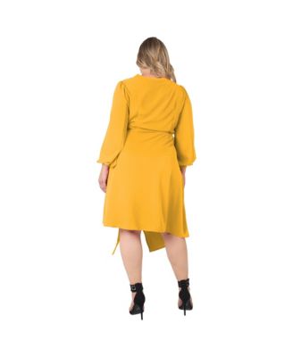 Plus Size Asymmetrical Hem Button-Up Wrap Lantern Sleeve Dress