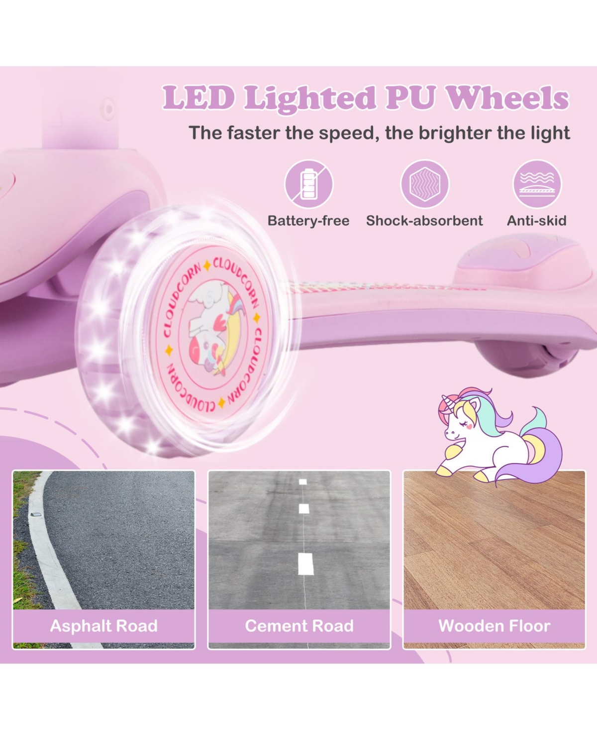 Hongge Folding Kids Scooter with Extra Wide Deck and Led Lighted Pu Wheels- Purple