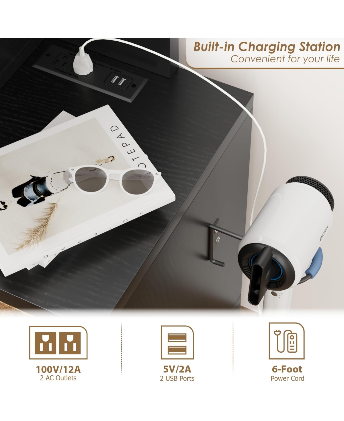 gaomon Vanity Desk, Makeup Vanity with Adjustable Led Lighted Sliding Mirror, Charging Station, Vanity Table with 5 Drawers