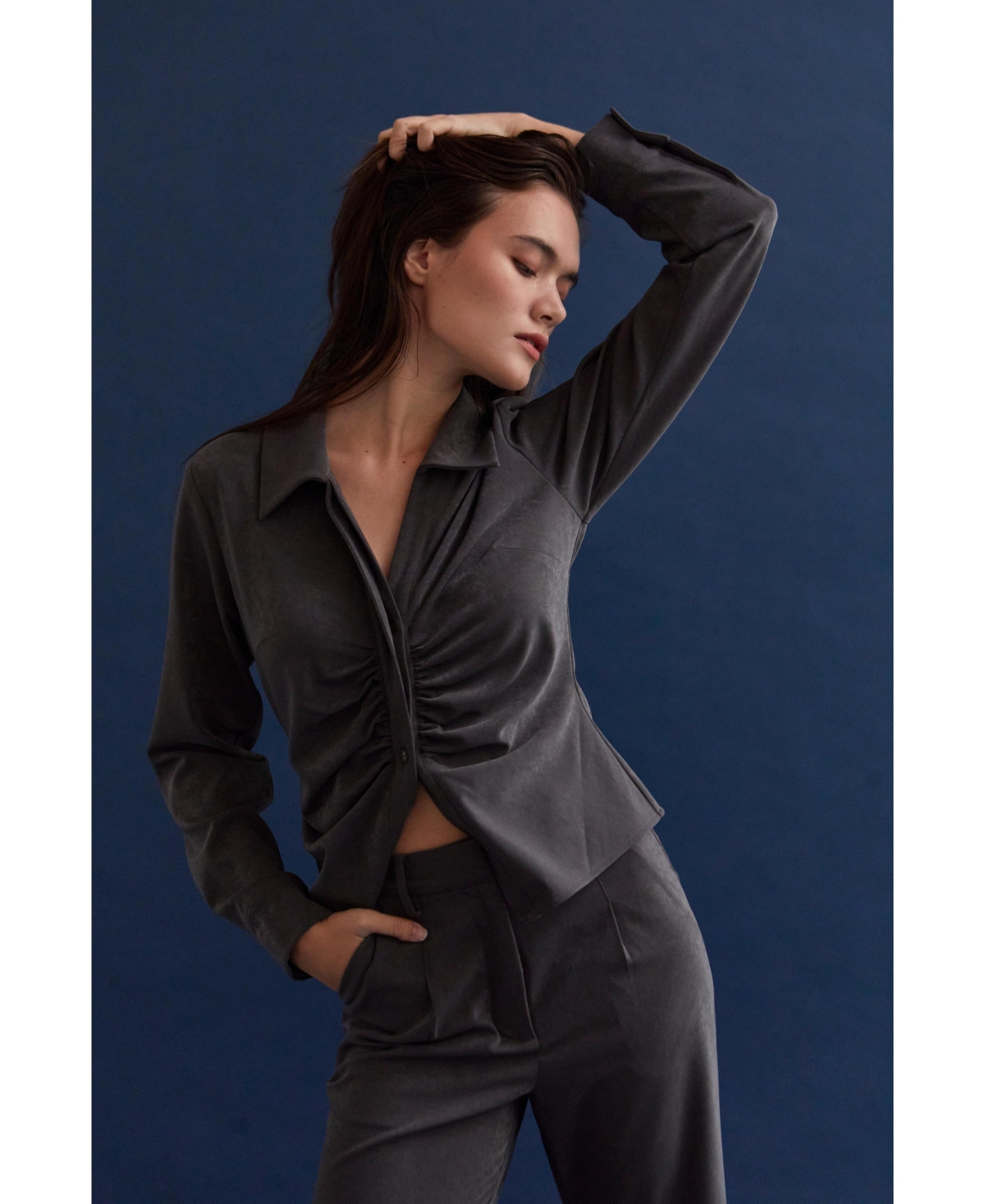 Crescent Women's Emberly Textured Satin Cowl Neck Satin Top - Dark grey + charcoal