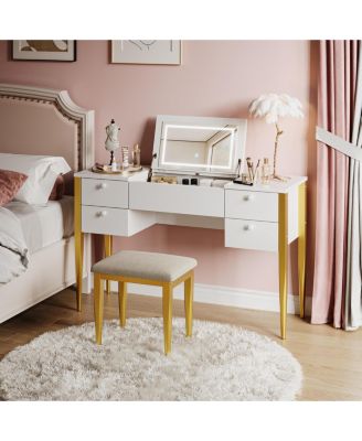 Makeup Vanity Desk with Flip Top Mirror and Lights, 47“ 3 in 1 Vanity Table with 5 Drawers, 3 Lighting Mode